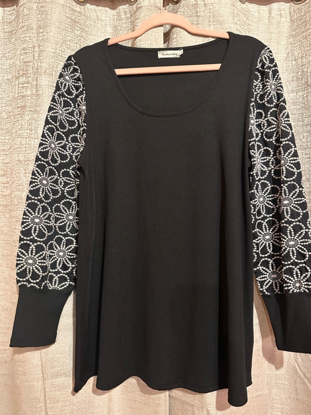 Black Long-Sleeve Tunic Top with Floral Lace Sleeves